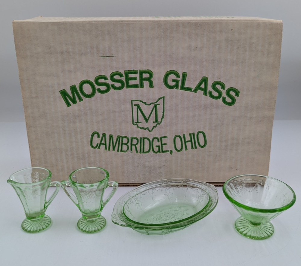Vintage Mosser Green Glass Miniature Jennifer Set #10 - Sugar Creamer 2 Bowls